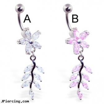 Flower belly ring with dangling jeweled vine, flower shaped labret jewerly, flower nipple shields, flower fishtail labret, belly rings fort worth yx, requirements of belly button piercings