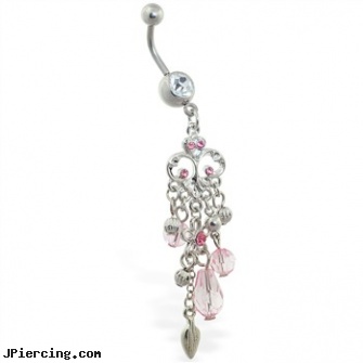 Flower chandelier dangling jeweled belly ring with pink stones, flower fishtail labret, flower nipple shields, flower pics, dangling body jewelry, dangling eyebrow jewery