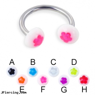 Flower half ball circular barbell, 14 ga, flower pics, flower nipple shields, flower fishtail labret, tongue ring balls, basketball belly button ring