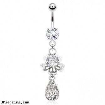 Flower with Solitaire CZ And Paved Gemmed Tear Drop Mini Dangle Surgical Steel Navel Ring, flower fishtail labret, flower shaped labret jewerly, flower pics, chrome inch teardrop metal cock ring, teardrop cock ring catalog