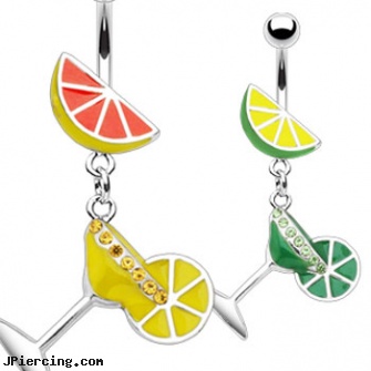 Fruit navel ring with dangling martini glass, fruity belly button rings, sunshine navel rings, pierce navel care new piercing, navel ring gallery, scorpion belly ring