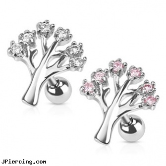 Gemmed Tree Surgical Steel Cartilage/Tragus Barbell, extreem piersings, extreem piersing pictures, body piercings state street, surgical steel jewelry, navel jewelry surgical stainless steal internal thread