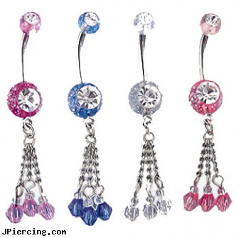 Glitter belly ring with dangling chains and stones, glitter bitch, belly button piercing information, dangers of belly button rings, barrel racer belly button ring, lilo and stitch navel ring