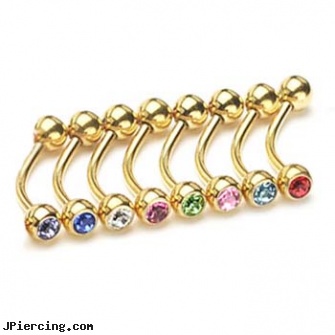 Gold Tone 5/16\"(8mm) long eyebrow ring with jeweled CZ balls, 16 ga, gold genital jewelry, 14k gold diamond nose piercing, gold belly button jewelry, tombstone body jewelry, rolling stones tongue ring
