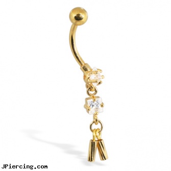 Gold Tone belly button ring with dangling cylinders, wholesale 14k gold belly ring, gold cock ring, 14k gold diamond nose piercing, tombstone body piercing supplies, rhinestone dimple ball charm belly ring