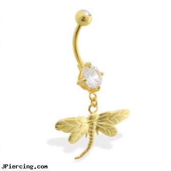 Gold Tone belly button ring with dangling dragonfly, 14k gold plated belly button navel ring, gold talon body jewelry, 14k gold belly button rings, tombstone body works jewellery, tombstone body jewelery