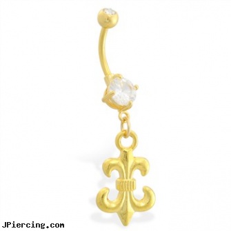 Gold Tone belly button ring with dangling fleur-de-lis, body piercing jewellery gold, gold belly rings, gold labret, belly button jewelry birthstone, gemstone belly button jewelry
