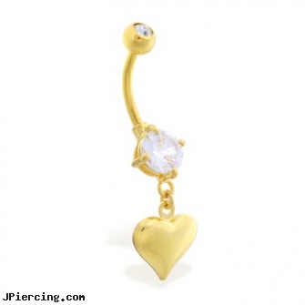 Gold Tone belly button ring with dangling heart, nose screw white gold, white gold belly button ring, 14 kt gold belly ring, tombstone body jewelry, rhinestone dimple ball charm belly ring