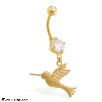 Gold Tone belly button ring with dangling humming bird, gold plated straight barbell eyebrow jewelry, gold labret, 14k gold diamond navel rings, gemstone belly button barbells, stone cock ring