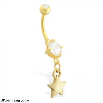 Gold Tone belly button ring with dangling Star, 14k gold belly button rings jewelry, gold belly ring, gold tongue rings, tombestone com body pircing, rhinestone charm belly ring