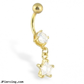 Gold Tone Belly Button Ring with Dangling Star, 14kt gold body jewlry, 18k 14k gold horseshoe body jewelry, gold plated belly button rings, tombestone com body pircing, birth stone