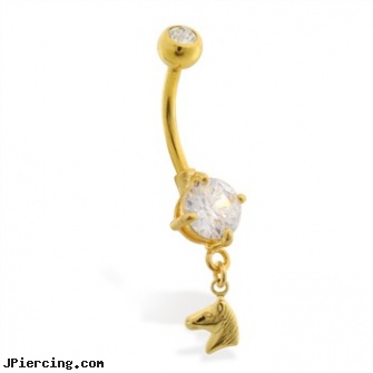 Gold Tone belly button ring with tiny dangling horse, gold labret, belly rings gold, solid gold tongue rings, tombstone body works jewellery, square gemstone belly button ring