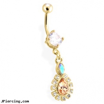 Gold Tone Belly Ring with Dangling Bordered Teardrop, pircing gold, gold mermaid belly rings, gold navel ring, gemstone belly button barbells, tombestone com body pircing