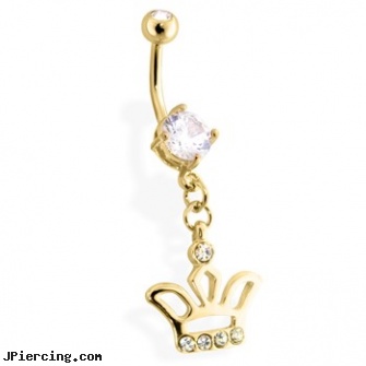 Gold Tone Belly Ring with Dangling Crown, 14k gold body jewelry, gold genital jewelry, gold nautical body jewelry, gemstone belly button barbells, rhinestone charm belly ring
