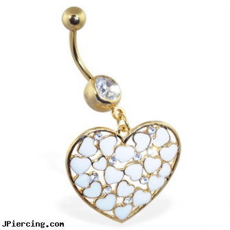 Gold Tone Belly Ring with Dangling Heart with Hearts And Gems, 14k gold diamond navel rings, bannana belly ring discount gold, 14kt gold plated body jewelry, rolling stones tongue ring, tombstone body jewelery