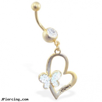 Gold Tone belly ring with dangling heart with jeweled butterfly and engraved \"Love\", gold mermaid belly rings, 14 gold nose stud, white gold body jewelry, rolling stones tongue ring, tombstone body jewelery