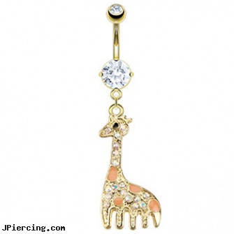 Gold Tone belly ring with dangling jeweled giraffe, gold diamond belly button ring, 14kt gold body jewlry, gold pierced nipple jewelry, ear piercing birth stone, rolling stones tongue ring