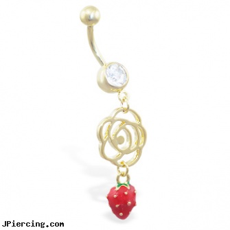 Gold Tone belly ring with dangling rose outline and strawberry, gold plated straight barbell eyebrow jewelry, 14k gold belly button rings jewelry, gold eyebrow ring, ear rings purple shard jewelry stone, tombstone body jewelery