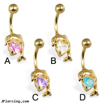 Gold Tone belly ring with dolphin and heart-shaped stone, gold pierced nipple jewelry, gold belly jewelery, peircing prices goldsboro, rhinestone dimple ball charm belly ring, tombestone com body pircing