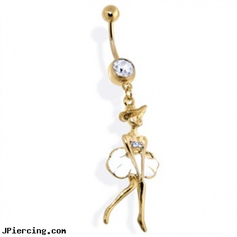 Gold Tone Belly Ring with Lady in Marilyn Pose, gold nipple stirrups jewelry, gold jeweled labret ring, gold eyebrow ring, tombstone body jewelery, belly button jewelry birthstone
