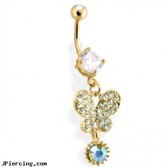 Gold Tone Dangling Butterfly Belly Ring, gold crystal belly button ring, peircing prices goldsboro, gold belly button rings, ear rings purple shard jewelry stone, tombstone body jewelery