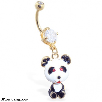 Gold Tone navel ring with dangling jeweled panda, pircing gold, sexual gold charms, gold piercing jewelry, rhinestone charm belly ring, gemstone belly button barbells