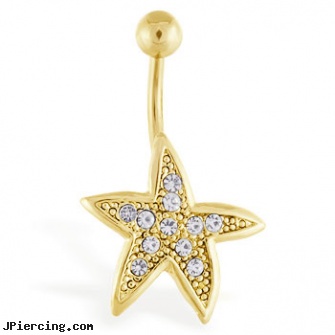 Gold Tone Starfish Navel Ring, gold tongue jewelry, white gold belly button ring, nose screw white gold, belly button jewelry birthstone, square gemstone belly button ring