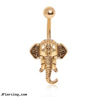 Gold Toned Decorated Elephant Navel Ring, gold tongue rings, 14 katet gold belly ring, gold nose ring, elephant belly button rings, elephant body jewellery