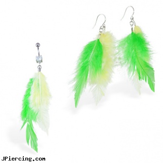 Green and Yellow  feather Belly Ring and Earring Set, yellow gold diamond nose ring, belly piercing prices, reasons for belly button piercings, uk wildcats belly button ring, women with nose rings