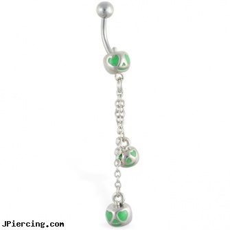 Green heart pumpkin face belly ring with dangling pumpkins, tongue piercing and hole in the heart, dangling heart belly button ring, pink heart belly ring, pumpkin labret studs, pumpkin belly ring