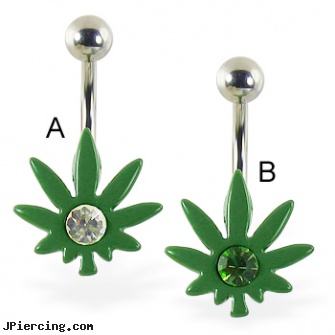 Green pot leaf belly ring with gem, four leaf clover body jewelry, belly button rings pot leaf, automotive belly rings, iguana belly rings, cleaning and care for belly button piercings