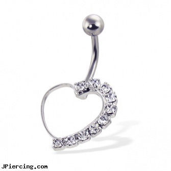 Half-jeweled hollow heart belly button ring, gold jeweled labret ring, 18g jeweled labrets, jeweled navel slave rings, hollow needles for piercing, hollow piercing needles