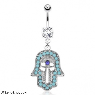 Hamsa with Paved TurquoiseAnd Blue Center CZ Dangle Surgical Steel Navel Ring, body jewelry blue heart, black and blue titainum tongue rings, piercing center, dangle belly button rings, reverse dangle navel rings