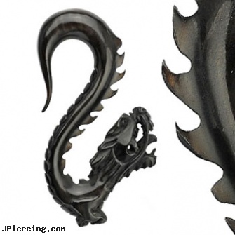 Hand carved buffalo horn black dragon taper, body piercing handbook, nipple body jewelry in handcuff design, hand peircings, body jewelry water buffalo 16 gauge, longhorn navel ring