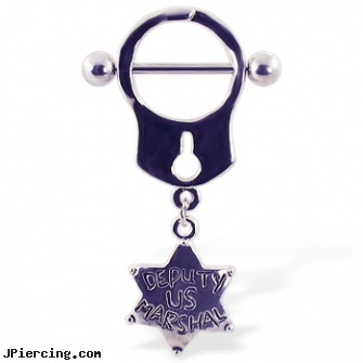 Handcuff Nipple Ring with Dangling Star \"Deputy US Marshal\", nipple jewelry handcuff, nipple body jewelry in handcuff design, dallas cowboys logo nipple ring, nipple piercing risks, hanging by chains from nipple rings