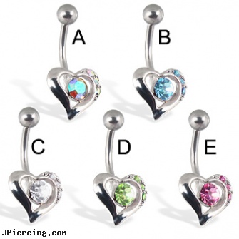 Heart belly button ring with center stone and three small gems, tongue piercing and hole in the heart, heart shaped belly button ring, heart pics, belly ring horse, new belly button rings