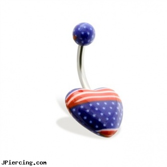 Heart Belly Ring with American Flag Print, pink heart belly ring, tongue piercing and hole in the heart, heart pics, belly piercing pictures, cz belly rings