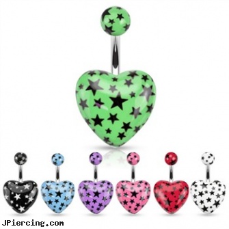 Heart Belly Ring with Star Print, dangling heart belly button ring, pink heart belly ring, tongue piercing and hole in the heart, piercing your belly buttonpictures, 16 gauge belly rings