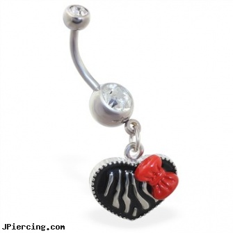Heart dangle belly ring with zebra print and bow, heart tattoos, heart pics, dangling heart belly button ring, dangle belly button rings, shamrock dangle navel body jewelry