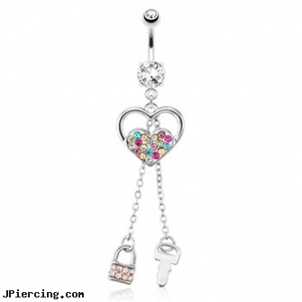 Heart with Multi Color Paved Gems And Chain Lock And Key Dangle Surgical Steel Navel Ring, dangling heart belly button ring, sacred heart tatoo and body piercings, heart shaped belly button ring, multiple body piercings, horizontal belly jewelry multiple piercing