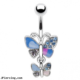 Hinged multi-color pave jeweled double butterfly belly ring, hinged cock ring, horizontal belly ring multiple, multiple ear piercings, ear piercing double multiple, ear piercing flesh colored hider jewlery