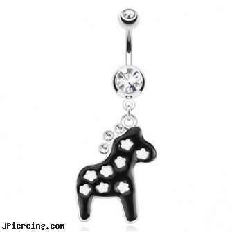 Horse Decorated with White Stars And Gemmed Mane Surgical Steel Navel Ring, horse photos, horseshoe eyebrow jewelry, horseshoe body peircing, white gold top down navel rings, white gold belly button ring