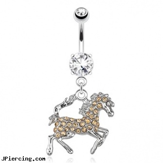 Horse with Peach Tone Paved Gems Dangle Surgical Steel Navel Ring, 12 ga horseshoe, horseshoe shaped items, horseshoe body peircing, peachez clit ring, belly button jewelry birthstone