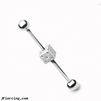 Industrial barbell with dice, 14 ga, vertical industrial piercing, industrial piercing prices, industrial piercing information, colored nipple barbells, acrylic tongue barbells
