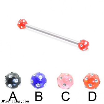 Industrial barbell with multi-gem acrylic colored balls, 12 ga, industrial piercing prices, body jewelry industrials, pictures of industrial piercing, inch tongue barbells, no see-um tongue barbell