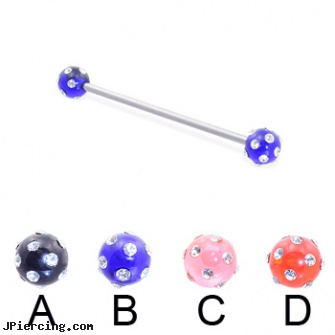Industrial barbell with multi-gem acrylic colored balls, 14 ga, cleaning an industrial piercing, vertical industrial piercing, industrial strength body jewelery, curved barbell, gemstone belly button barbells