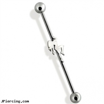 Industrial Barbell with Sexy Dancer, 14ga, industrial piercing retainers, vertical industrial piercing, cross industrial ear piercings, gold plated straight barbell eyebrow jewelry, belly button barbells