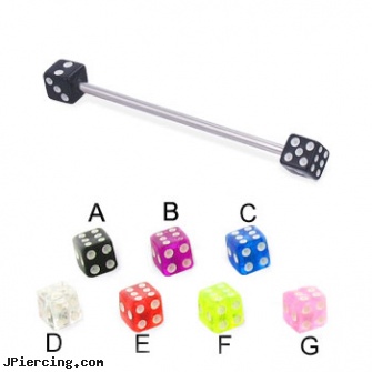 Industrial long straight barbell with acrylic dice, 16 ga, industrial steel body jewellery, body jewelry industrials, pictures of industrial piercing, cock ring prolong ejaculation instruction, how long does it take nose piercing to close up