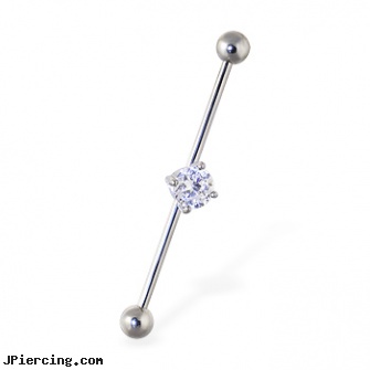 Industrial straight barbell with gem, 14 ga, industrial piercing directions, vertical industrial ear piercings cartilage, ear piercings industrial, gold plated straight barbell eyebrow jewelry, straight pin nose rings