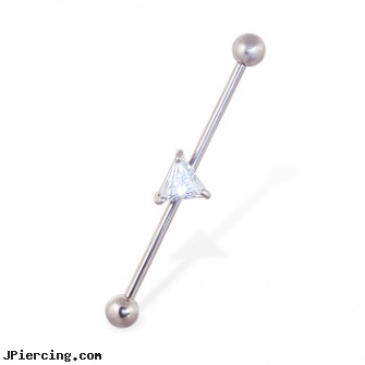 Industrial straight barbell with jeweled triangle, 14 ga, cross industrial ear piercings, industrial piercing pictures, industrial piercing jewelry, straight pin nose rings, straight barbell clear retainer